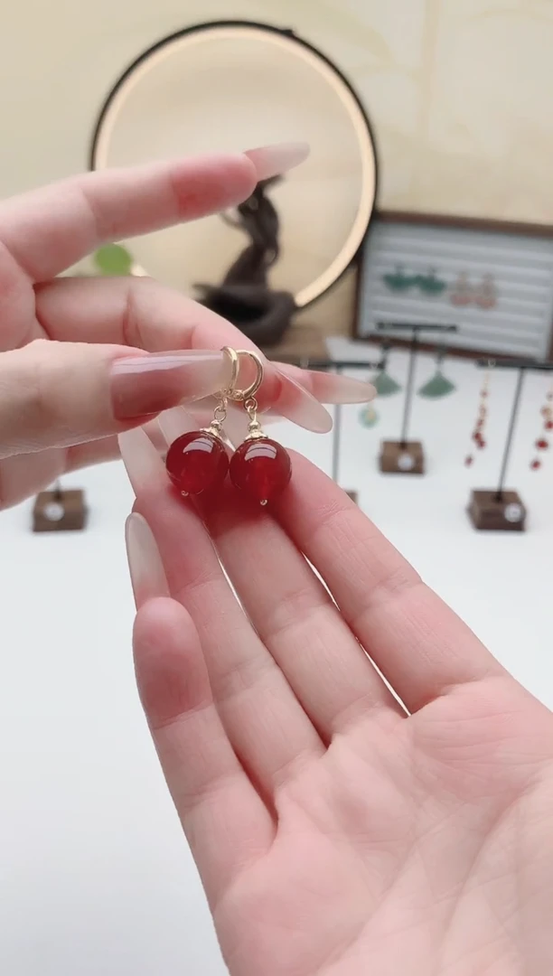 未镶嵌耳饰玛瑙/玉髓933耳扣红色14