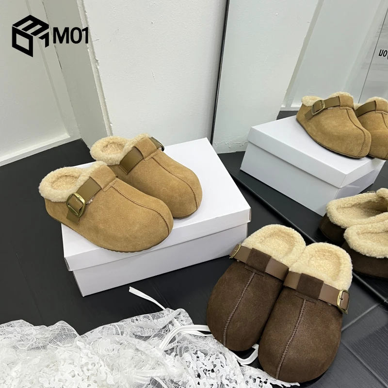 M01厚底包头勃肯毛毛拖鞋女外穿新款秋冬加绒保暖棉鞋半拖雪地靴