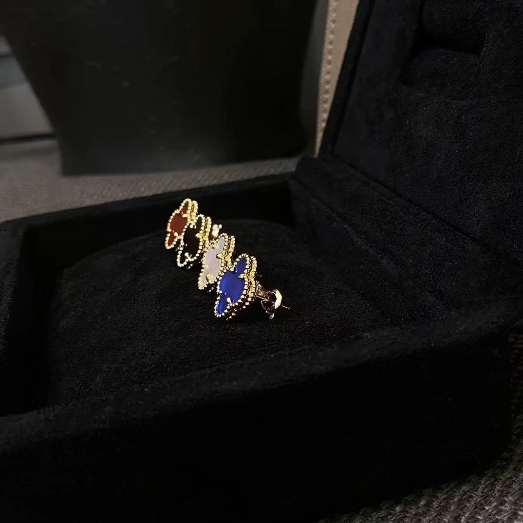 铜合金合成锆石耳饰 经典花花耳拍 气质蓝色时尚百搭复古小众彩色