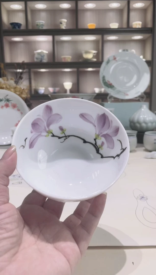 高温瓷景德镇手绘釉下4.8英寸玉瓷碗玉兰