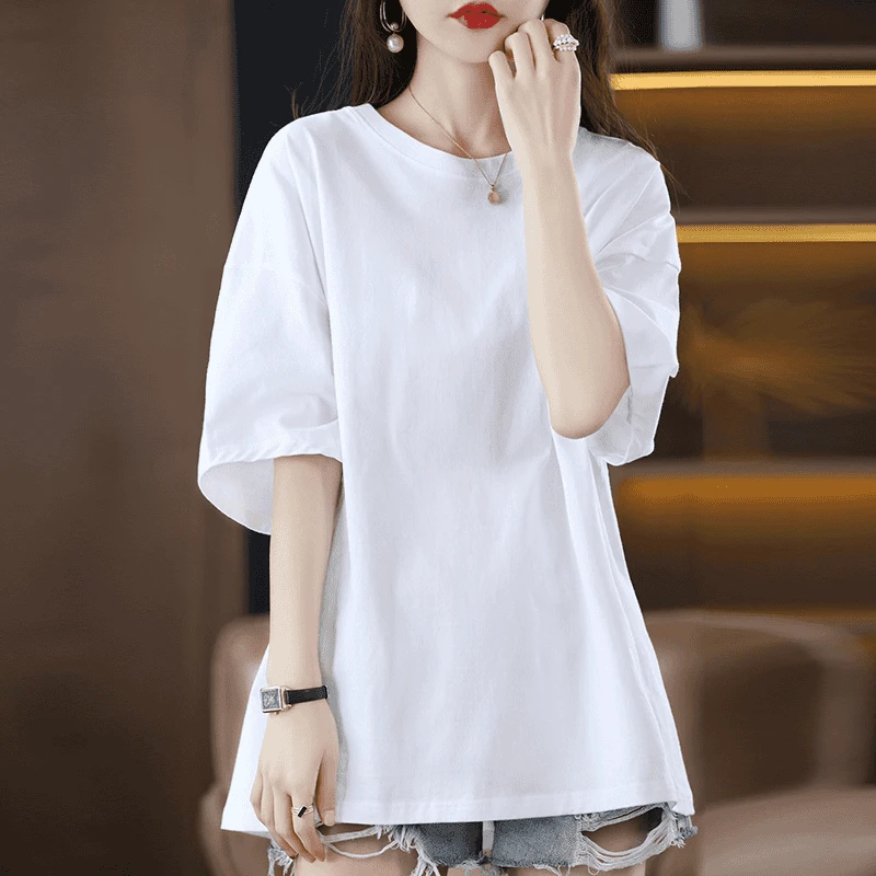纯色短袖t恤女2025夏季薄款圆领恤宽松显瘦韩版中长款上衣ins潮
