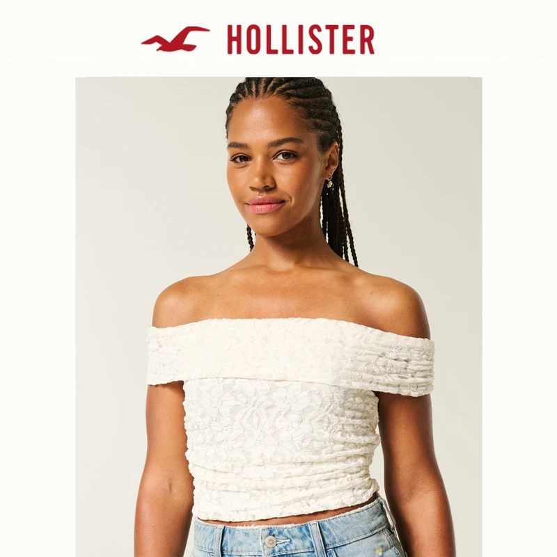 Hollister25夏法式性感褶皱一字肩露肩T恤上衣女装339-5191