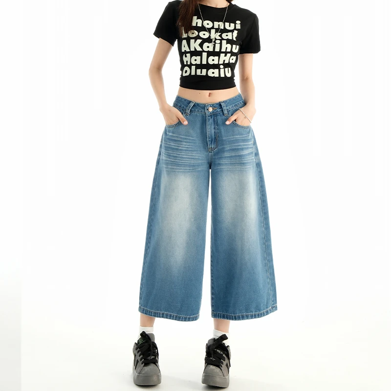 美式水洗蓝阔腿八分牛仔裤女2025年夏季新款复古宽松显瘦直筒裤子
