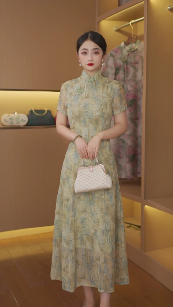 锁清秋 绿 国风日常气质优雅显瘦长款奥黛改良旗袍