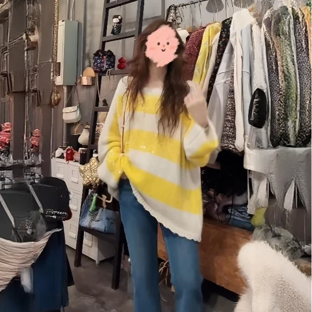 2025爆款秋冬季百搭款韩系慵懒小清新亮片拼色条纹软糯毛衣