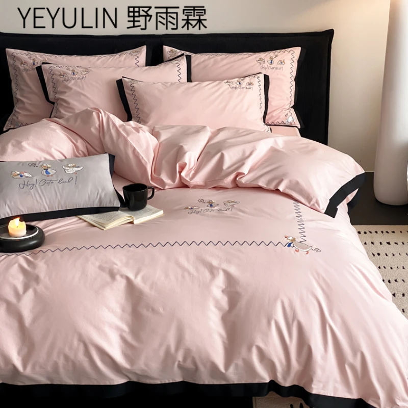 ins简约全棉水洗棉四件套纯棉100长绒棉被套床单被罩四季床上用品