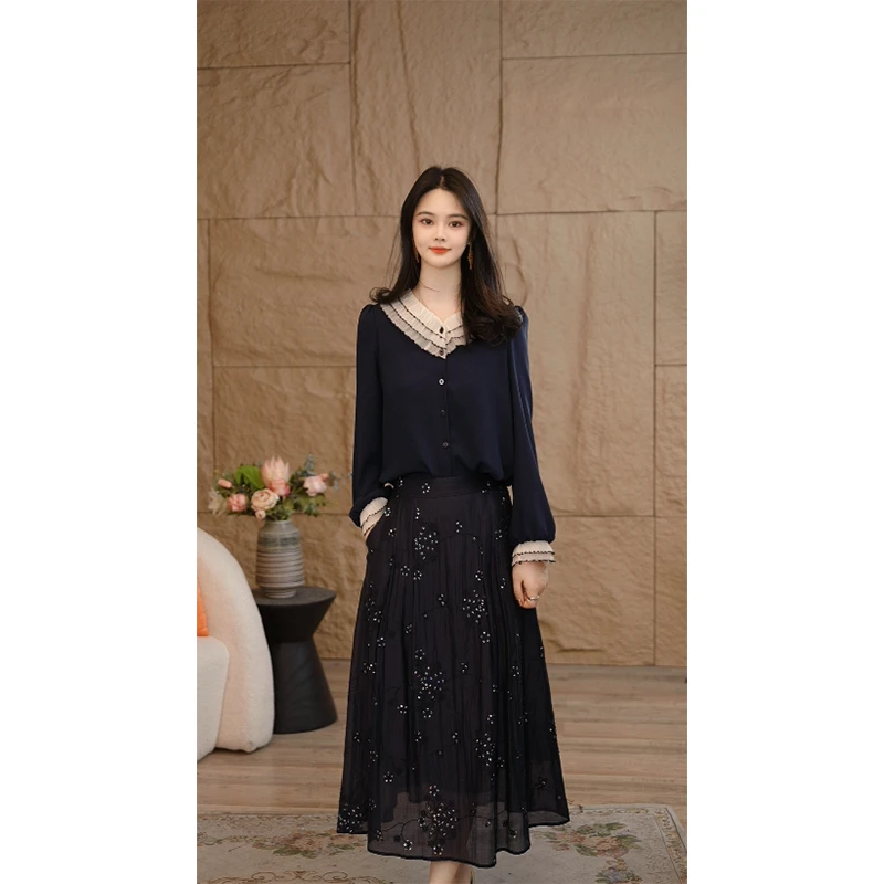 【小陈甄选】 8593004藏青色衬衫女小众气质宽松洋气蕾丝显瘦优雅