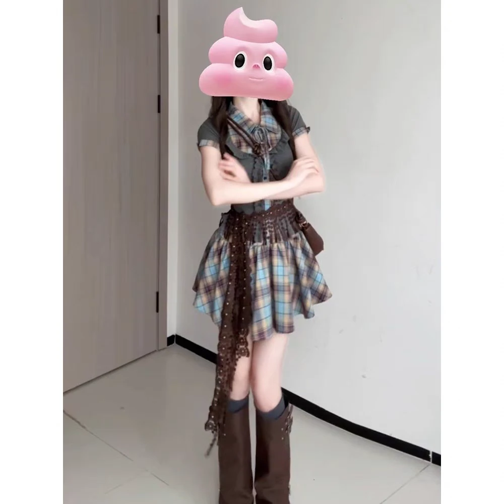 【破价秒发】复古千禧辣妹格子短袖连衣裙女夏季百褶收腰显瘦裙子