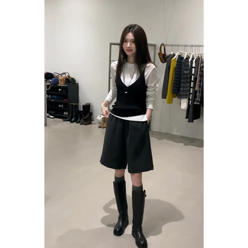 2025秋季新款法式气质修身吊带内搭长袖毛衣上衣百搭显瘦阔腿短裤