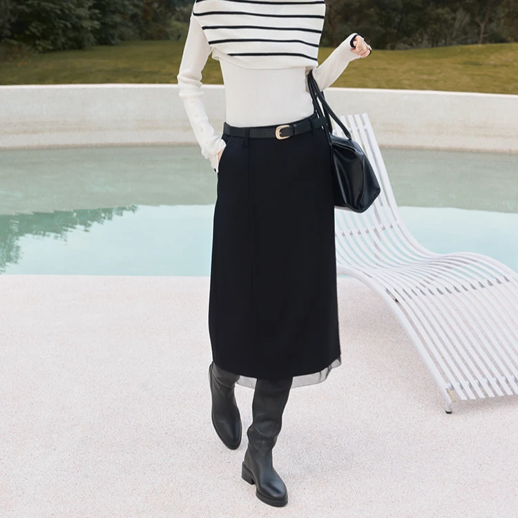 【JIEJI ZHANG】秋冬新款羊毛混纺高级感配腰带半身裙351002