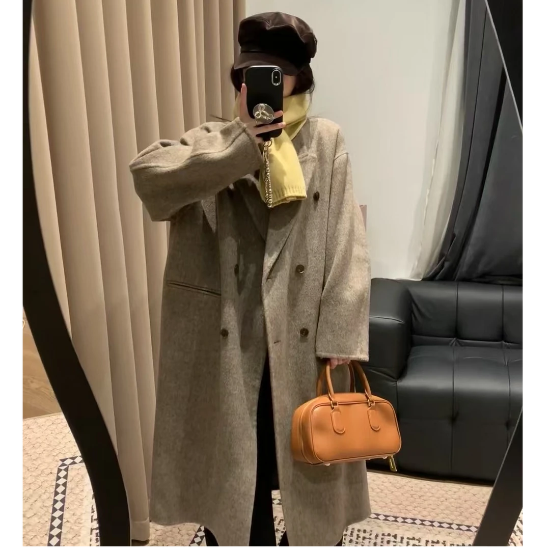 西装领双排扣休闲宽松过膝长款保暖羊毛秋冬毛呢外套气质大衣新款