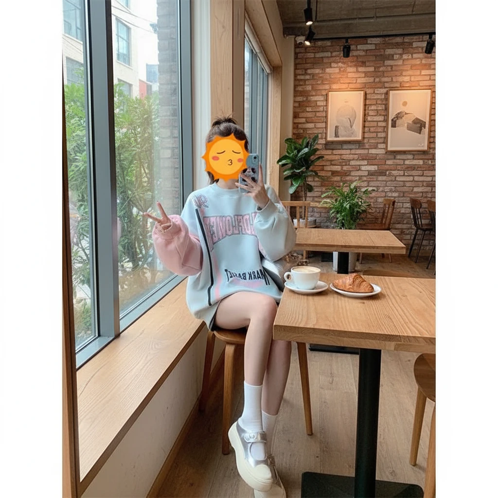 大码300斤美式复古拼接字母印花圆领卫衣男女2025款加绒情侣上衣