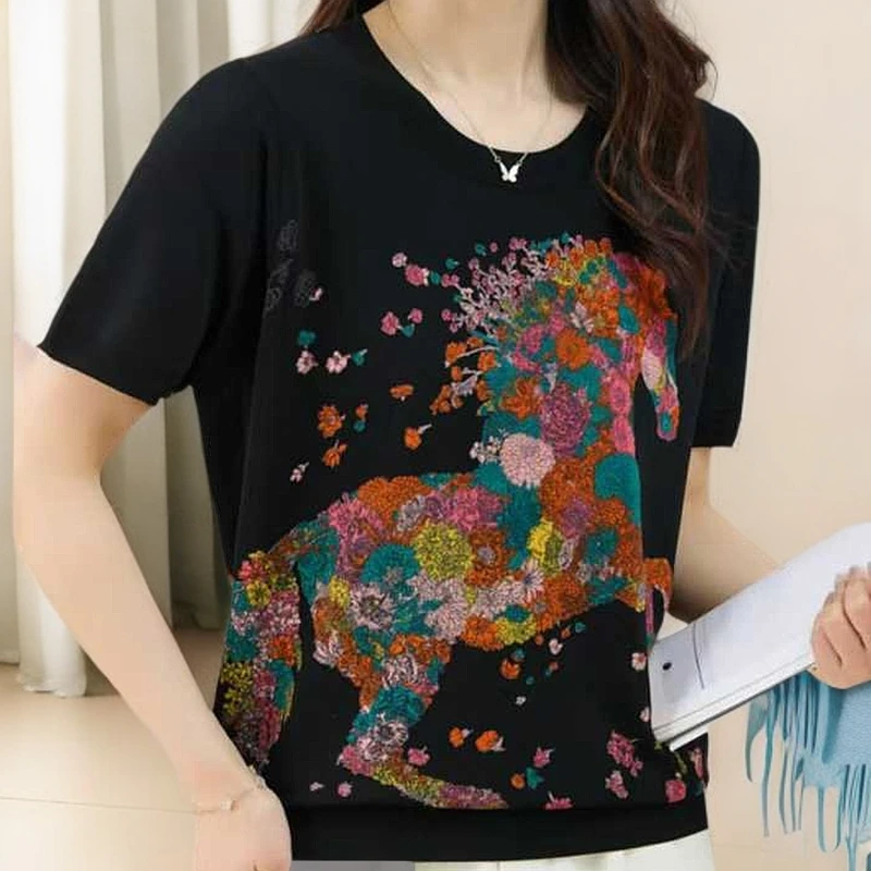 2025夏季新款莱赛尔针织衫显瘦印花短袖薄款上衣圆领黑色
