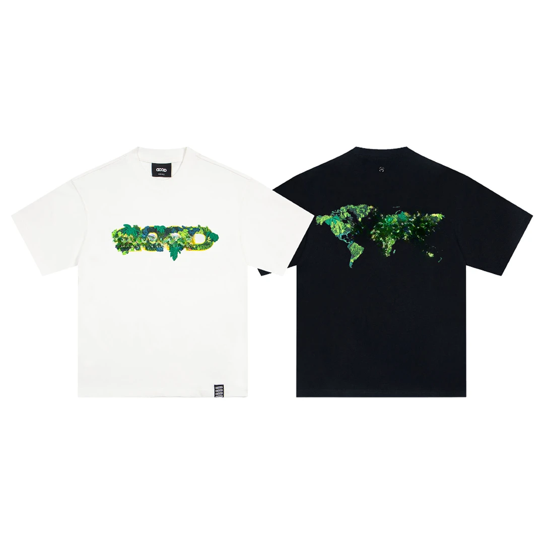 立体绿植刺绣地图轻奢时尚高级感LOGO短袖T恤