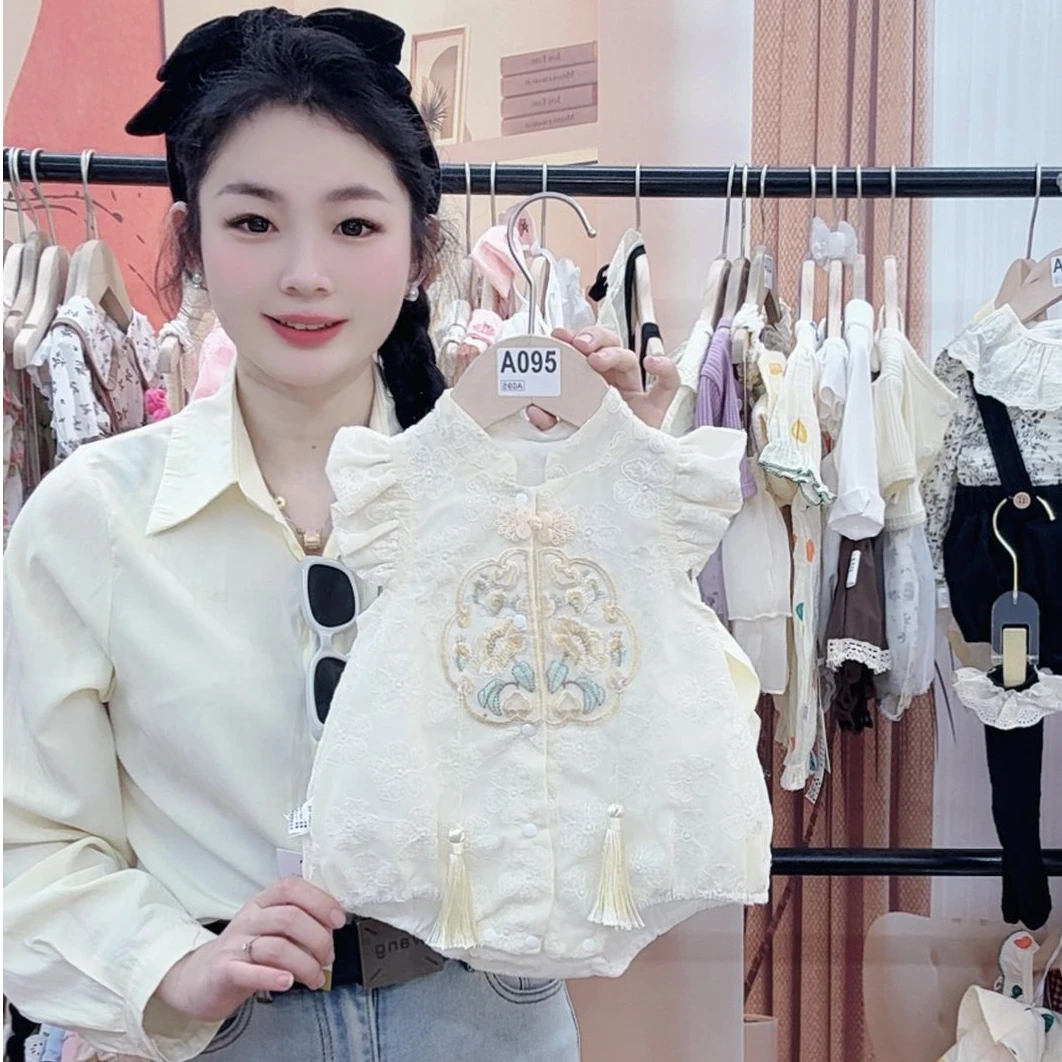 新款夏季国风流苏飞袖包屁时尚中国风绣花女宝宝重工公主