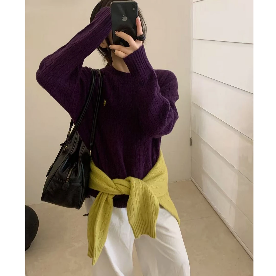 T3005 <葡萄紫> 小马刺绣圆领针织毛衣打底