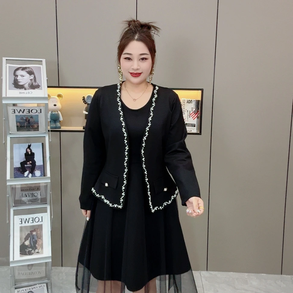 【两件套】洋气重工珍珠西服显瘦大码女装两件套裙 西服➕裙子