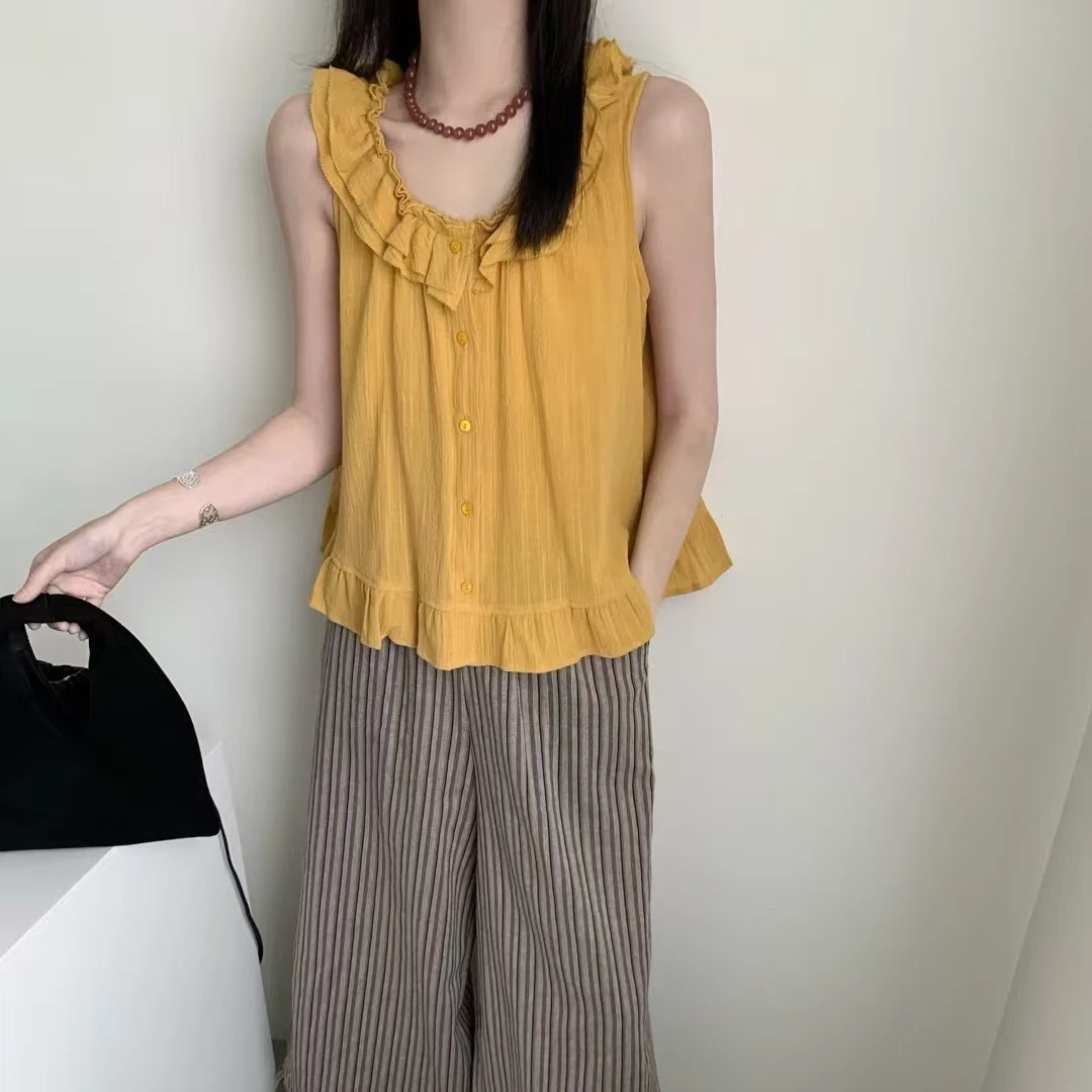 Pada嘻&EN【无袖花边领】韩系甜美 设计感洋气小衫 372 Hi Fortune