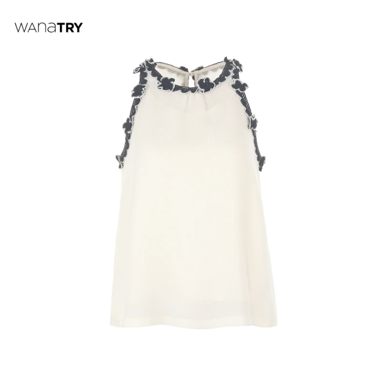 【自播专享】wana try奶白色手工花朵花边上衣（含吊带）