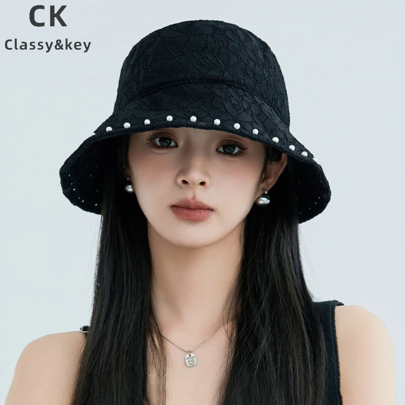 Classy key新加坡设计师联名款小香风蕾丝渔夫帽小众气质珍珠盆帽