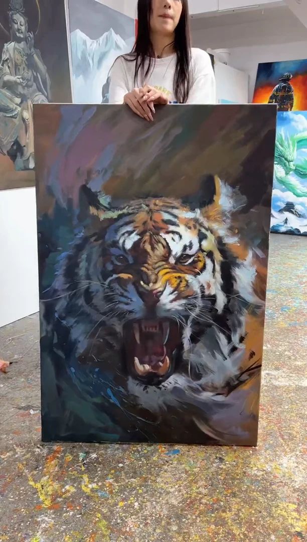 丙烯画谭老师猛虎加框