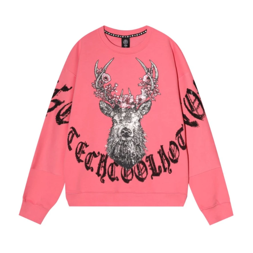 TCH服饰店播-梅花鹿字母烫钻粉色卫衣T21311C6033