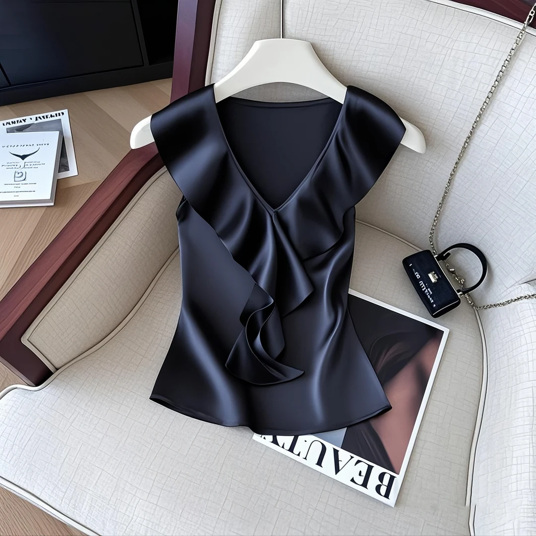 黑色气质高级荷叶领缎面无袖背心夏季2025新款小众设计感别致上衣