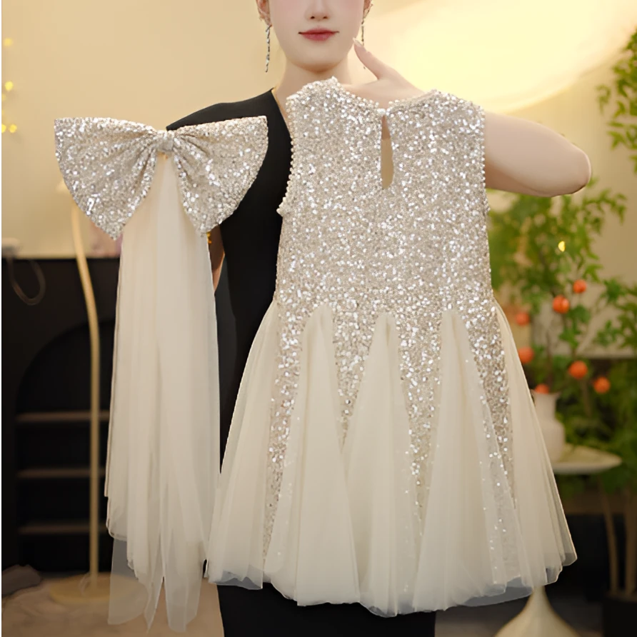 SQ【璀璨人鱼】女童2025轻奢亮银流苏礼服裙夏季新款立体连衣裙洋气