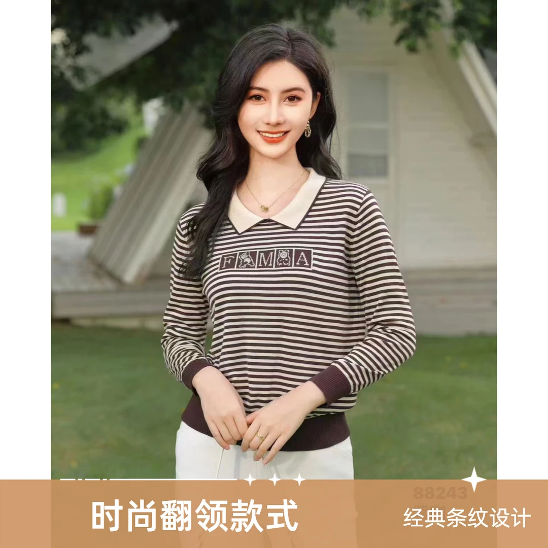 早春秋莱赛尔天丝条纹翻领长袖简约大气时尚妈妈装亲肤减龄88243