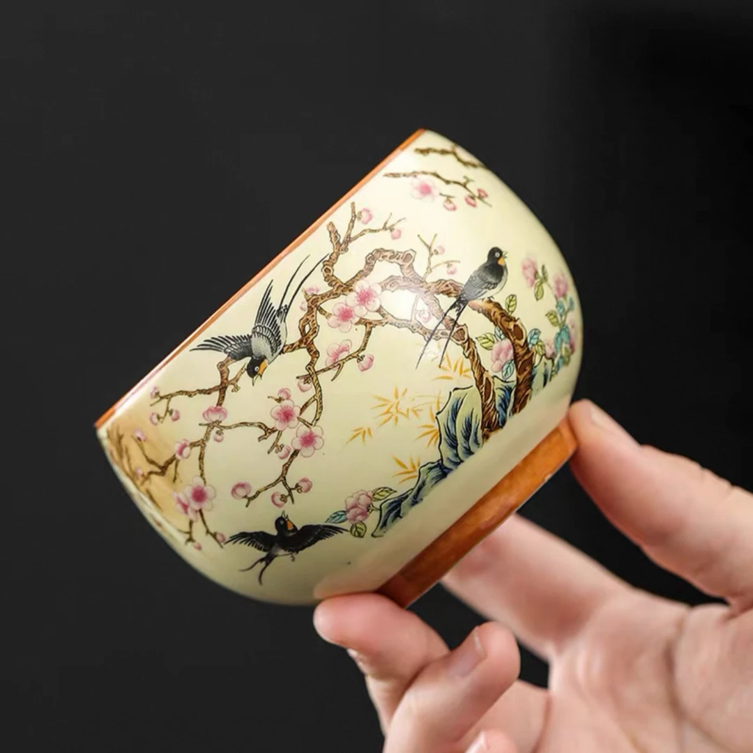 黄汝喜上眉梢铜钱陶瓷主人杯家用旅行高档品茗杯开片茶杯ATJ033