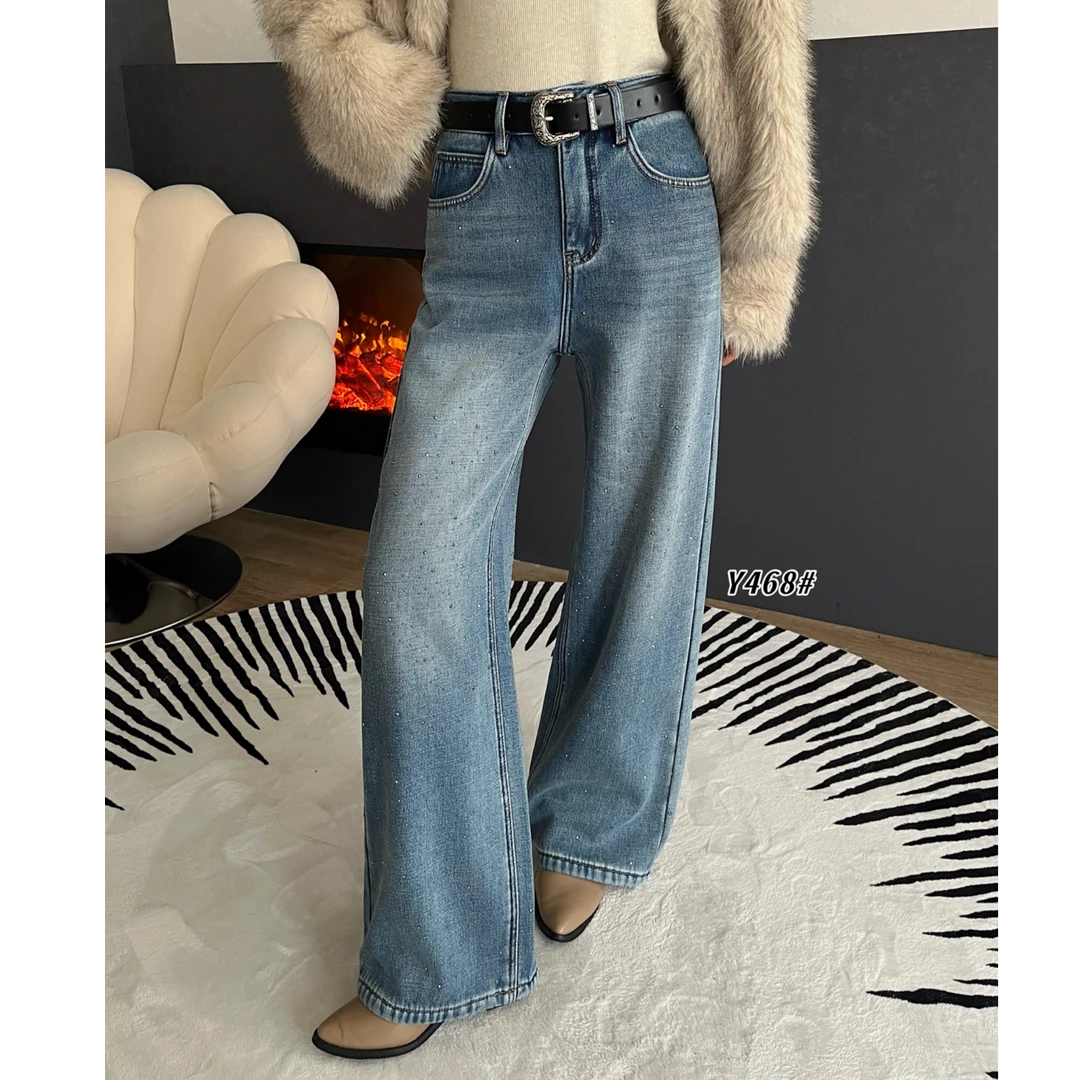 【XSY】牛仔裤休闲裤加绒加厚款加绒直筒裤子秋季腰带高腰牛仔