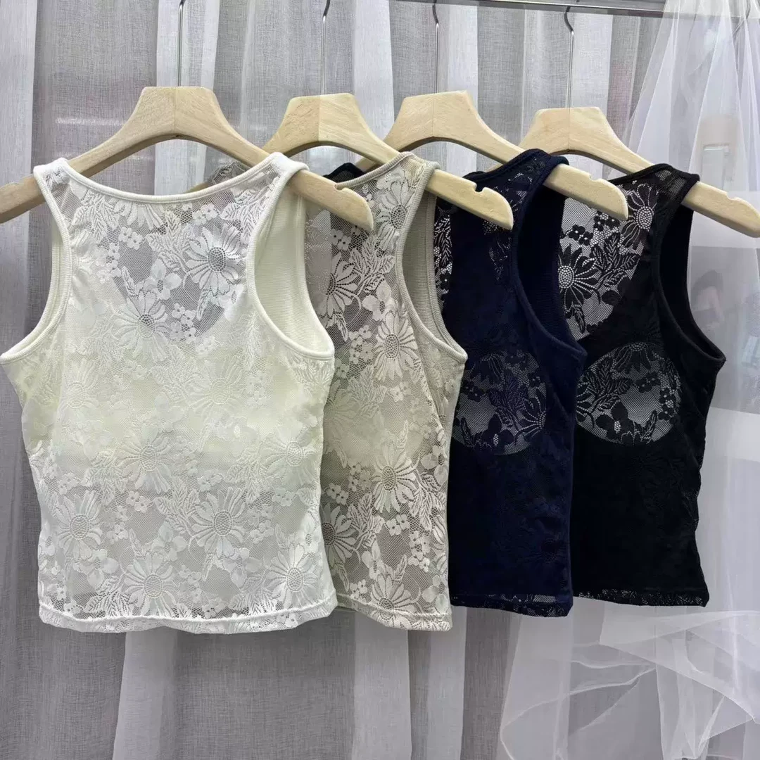 新款法式性感蕾丝拼接后背内搭螺纹弹力棉打底背心文胸抹胸女