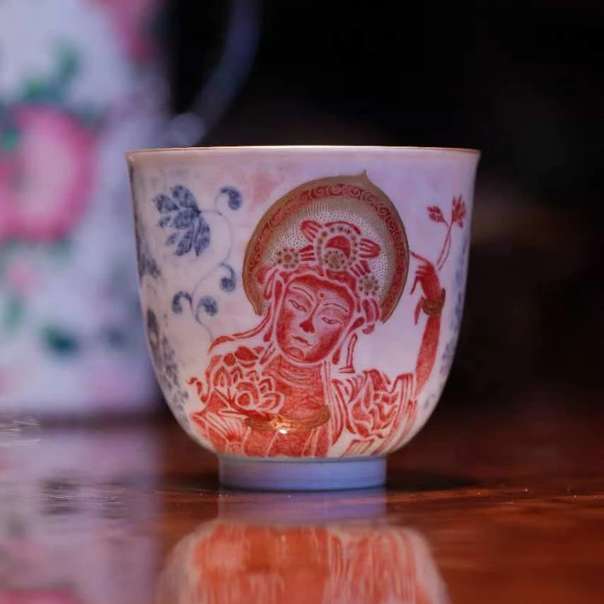 清本源内膜印缠枝青花拓片托莲观音直口杯家用茶杯茶具陶瓷主人杯