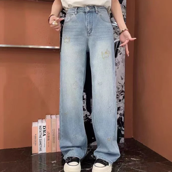 时尚亮钻直筒阔腿蝴蝶结小狗牛仔裤5005