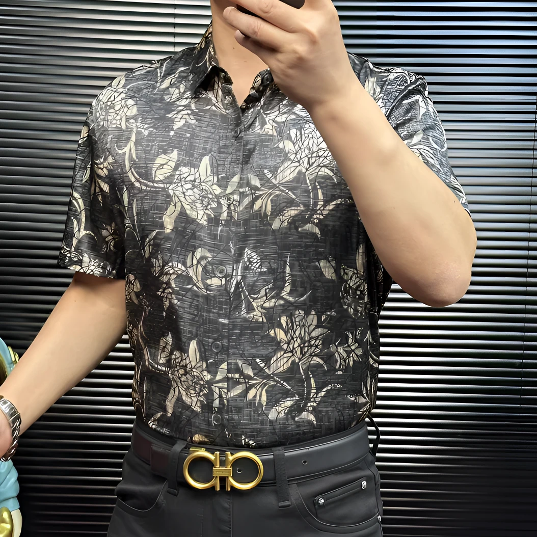 FLD甄选桑蚕丝高弹力免烫百搭休闲网红男士草木印花短袖衬衫2069