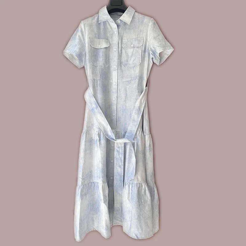 100%桑蚕丝连衣裙，牛仔纹理，休闲正装连衣裙