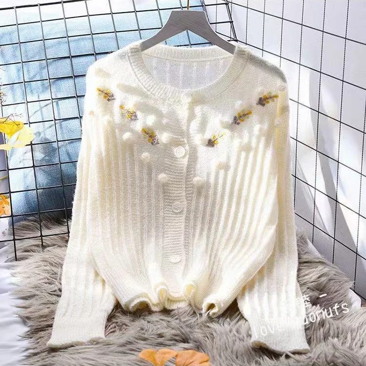 撤柜时尚百搭圆领绣球短款针织衫上衣开衫516清Y