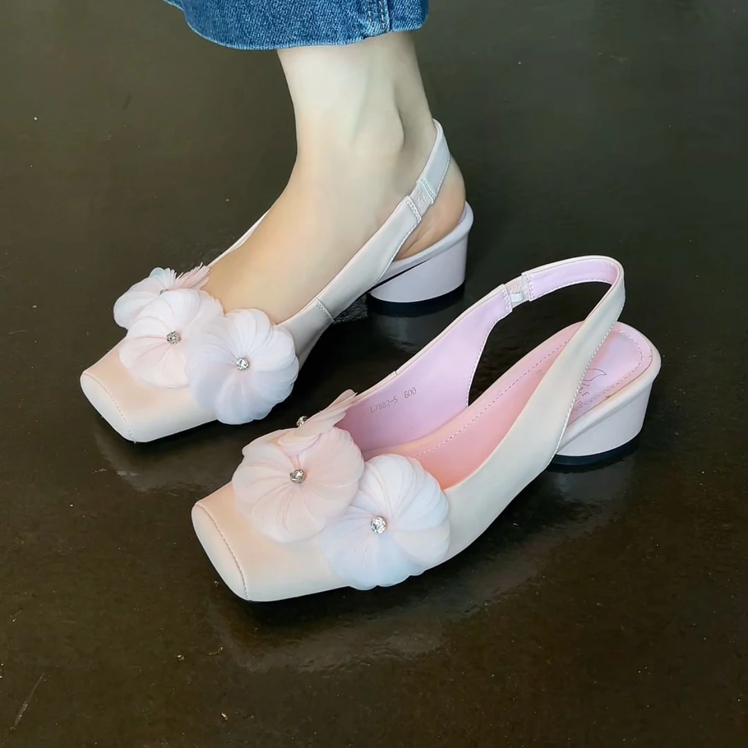 3CM牛皮仙女风鞋子时装凉鞋花朵夏季平底粗跟高跟鞋低帮套脚