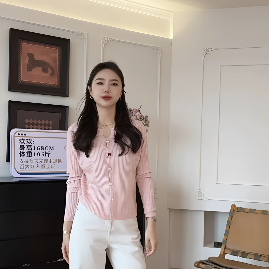 【YHH】春季韩版舒适简约百搭小V领蝴蝶结扣针织开衫-YHW50131