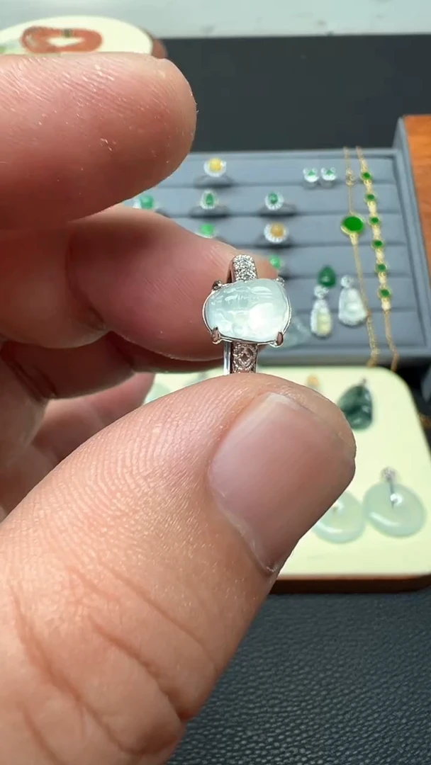 银S925镶嵌戒指翡翠天然a货缅甸翡翠貔貅戒指