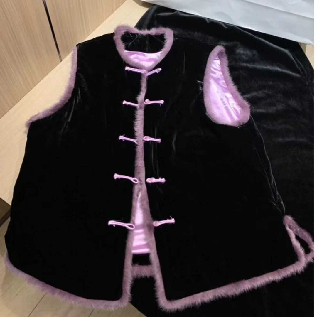 新中式高级感水貂毛马甲紫色外穿夹棉加厚马甲
