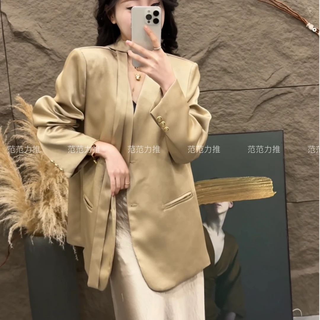 【范范力推】2025春季新款气质通勤宽松系扣飘带V领西服外套女潮