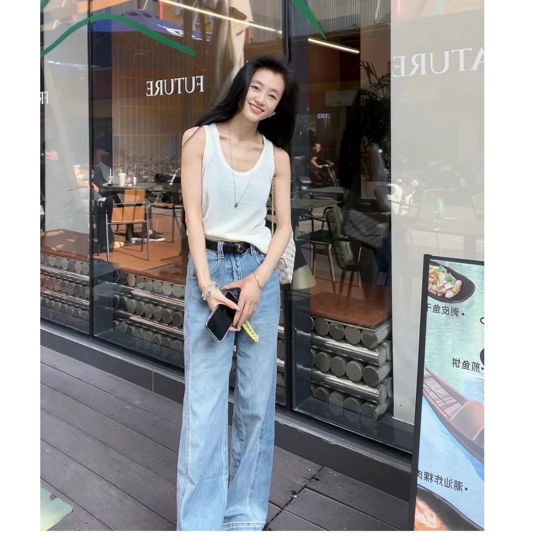 水蓝色浅窄板阔腿牛仔裤 暗纹印花高腰显洋气炸街裤子女