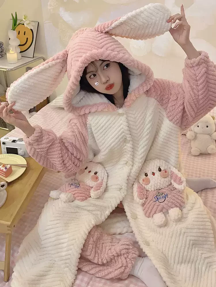 新款睡袍女秋冬季加绒加厚珊瑚绒睡衣长款浴袍可外穿家居服套装