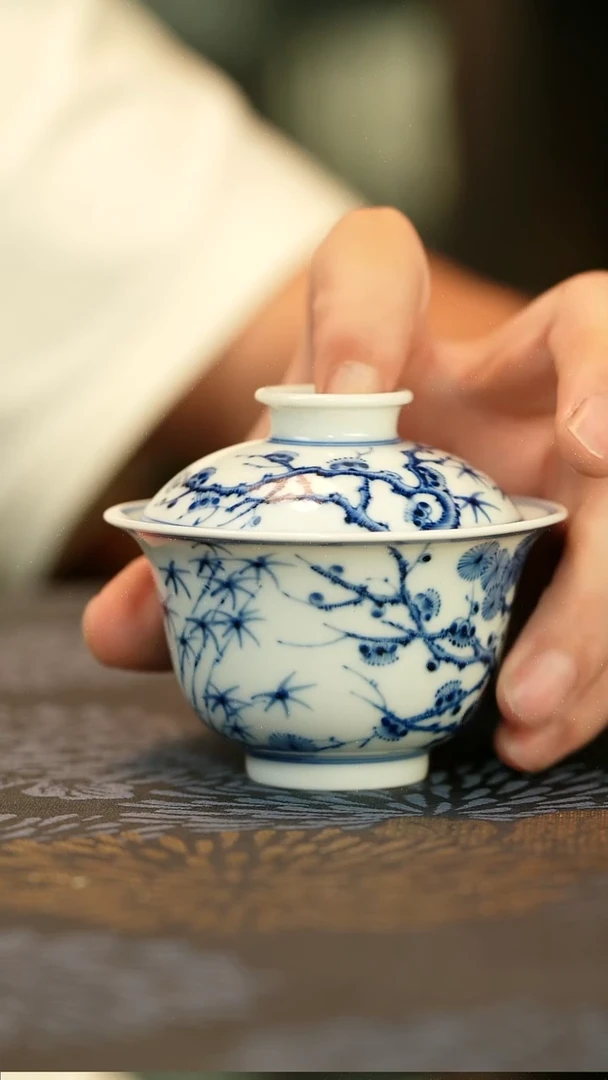 中式仿明青花松竹梅盖碗