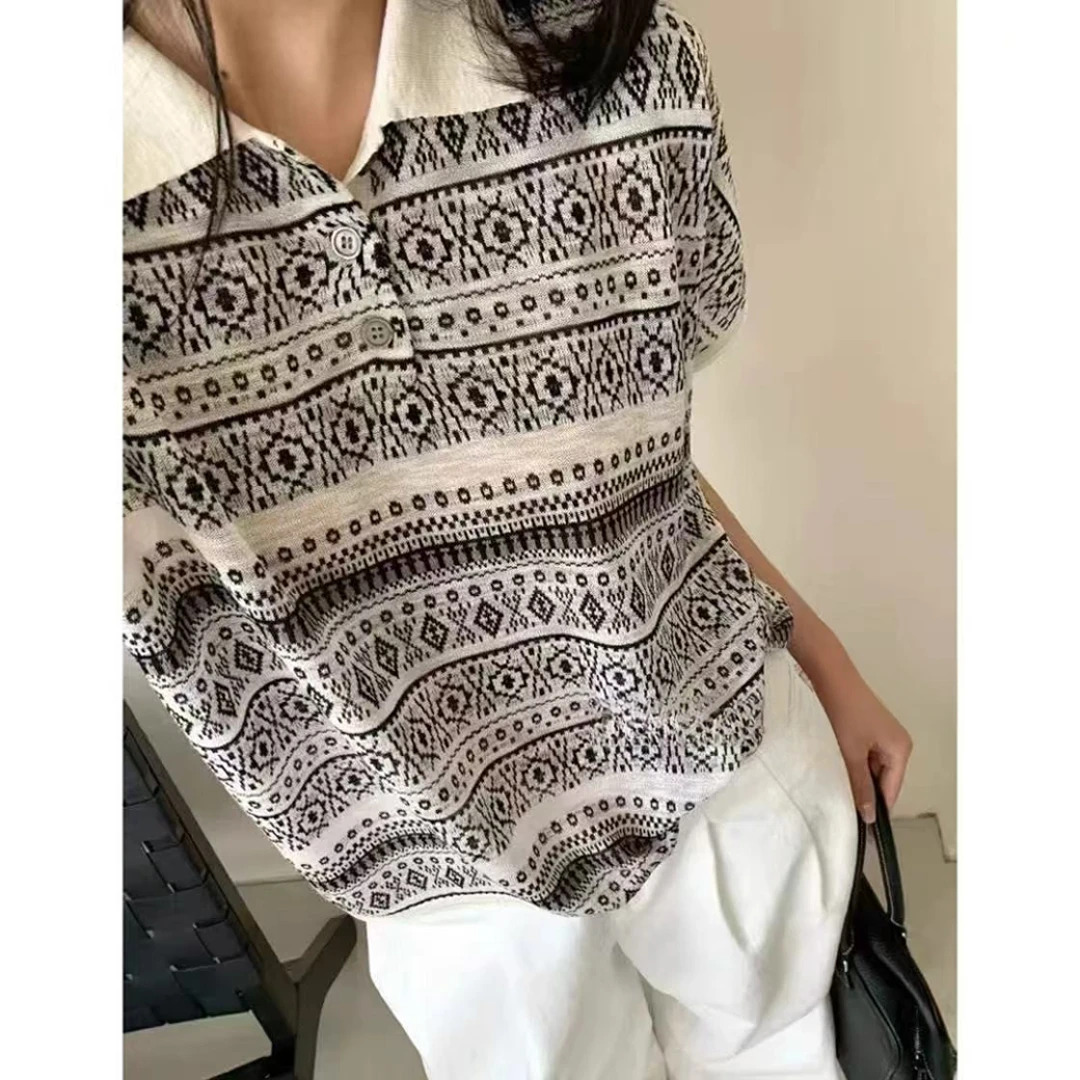 丽丽家~方领复古提花时尚百搭夏季复古薄款翻领短袖