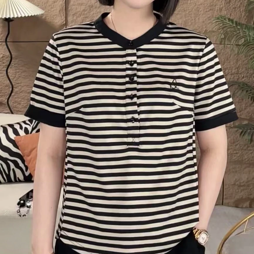 2025夏季新款女士时尚洋气简约宽松百搭圆领套头条纹短袖T恤