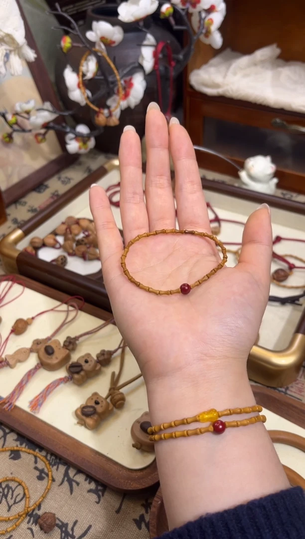 手串桃核【桃缘行】竹节「红色莎莎」桃木桃核辟、挡、驱、护 备注手围