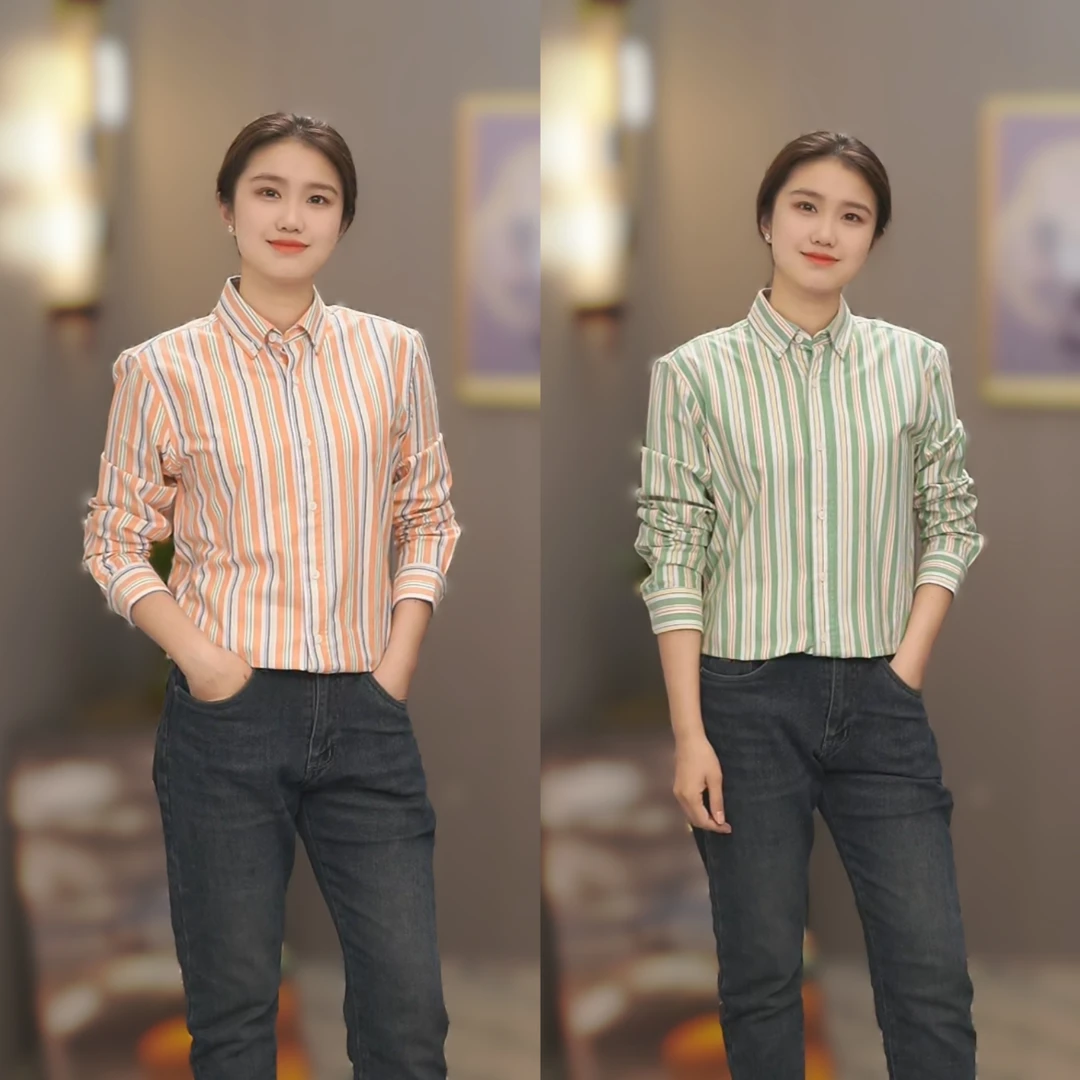 2025春款纯棉牛津纺色织宽松时尚条纹长袖衬衣
