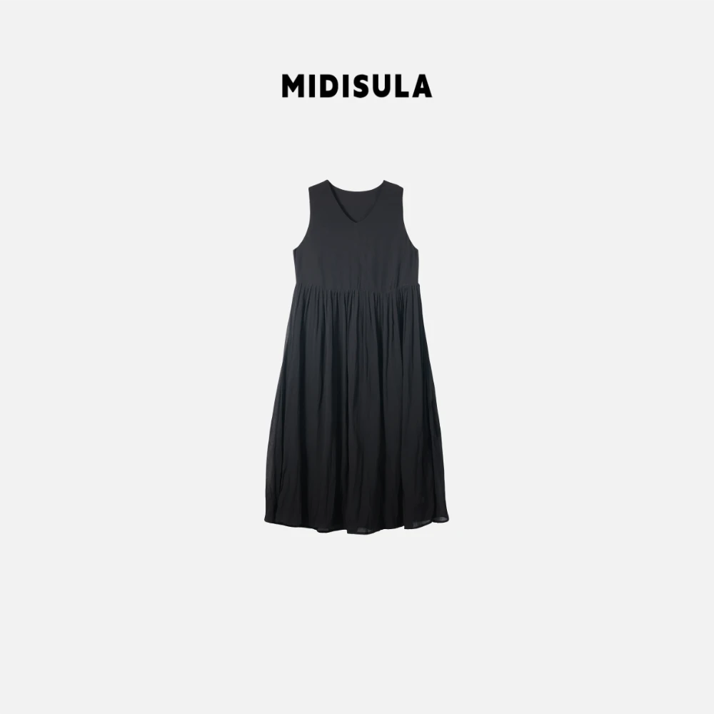 阿玉家&日系夏季时尚洋气宽松百搭休闲背心腰褶皱连衣裙#1187